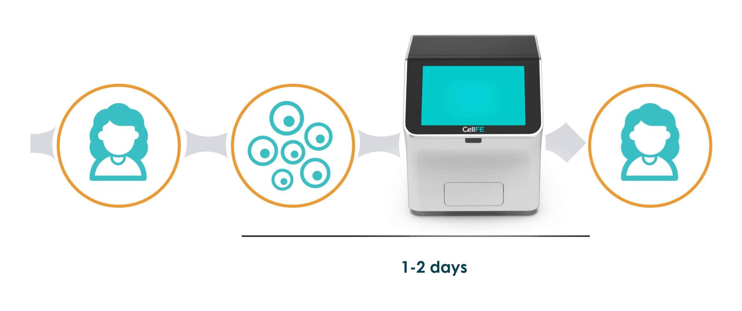 Four icons are show with an arrow behind them pointing to the right. The first icon shows a cartoon of a woman symbolizing a patient. The second icon is a collection of cartoon cells and directs toward the third icon which is CellFE's instrument. The instrument directs toward the last icon, which shows the patient again. Under the cell and instrument icons is a bracket with text that says "1-2 days" 