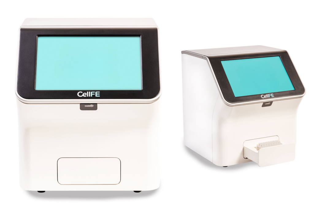 Two side-by-side photos of CellFE's  instrument. The left image shows the front with the tray closed. The right image shows the instrument angles to the right, with the tray open and an microfluidic processing assembly placed in the tray. Both instruments have touchscreen.